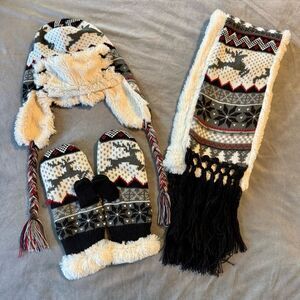 Women’s Winter Trapper Hat, Scarf, and Mittens Set | Nordic Print | Fair Isle